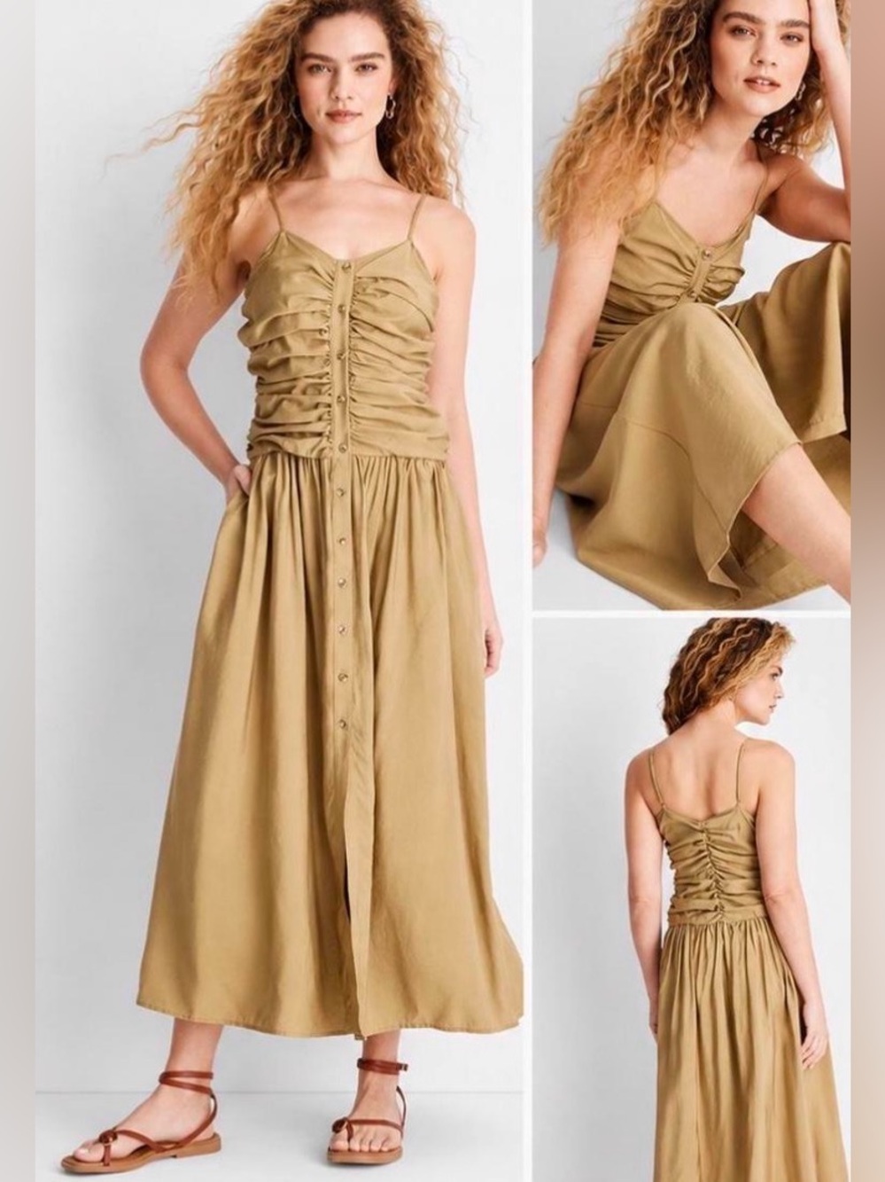 Neutral Tan Button-Front Spaghetti Strap 
mididress